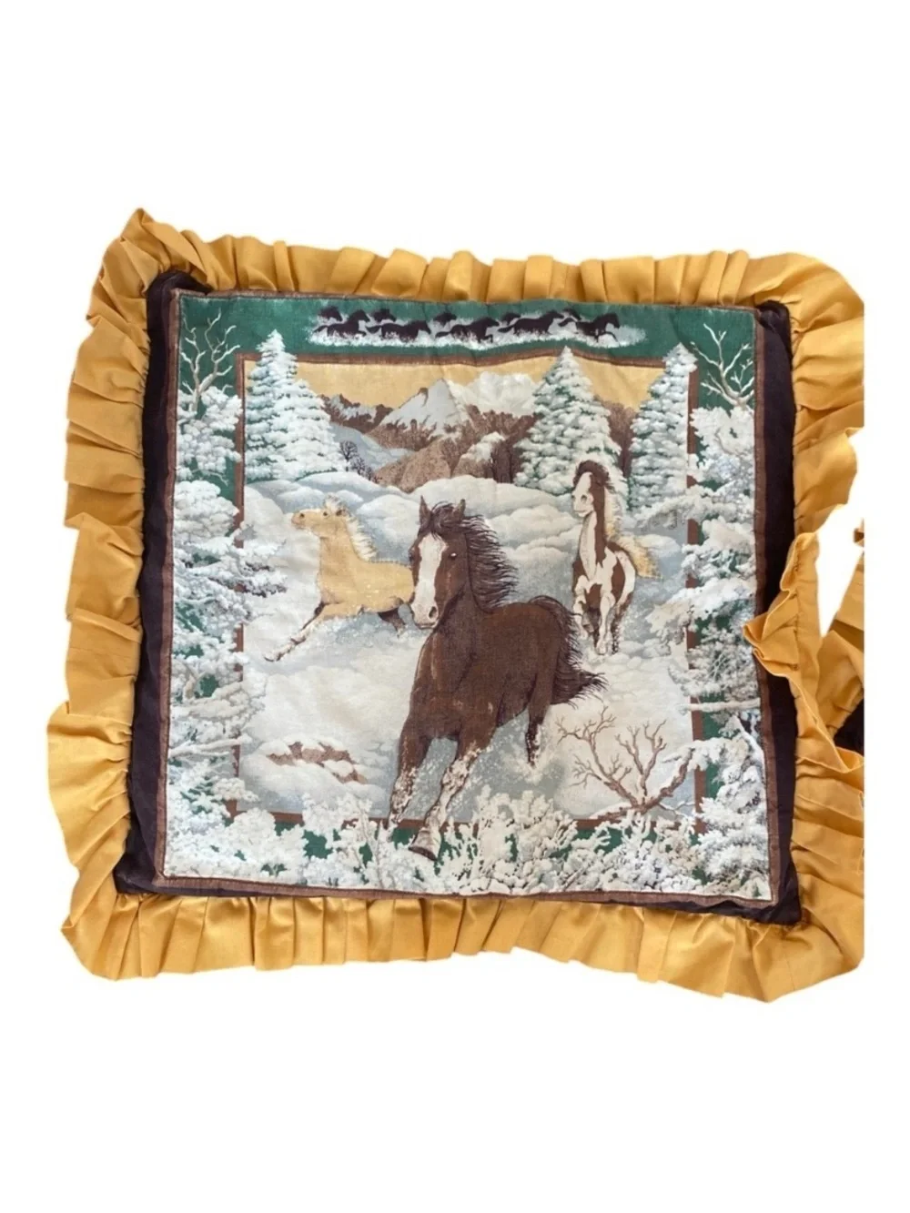 Vintage Equestrian Horse Pillow Covers Ruffle 80s/90s Winter Scene Set Of 2